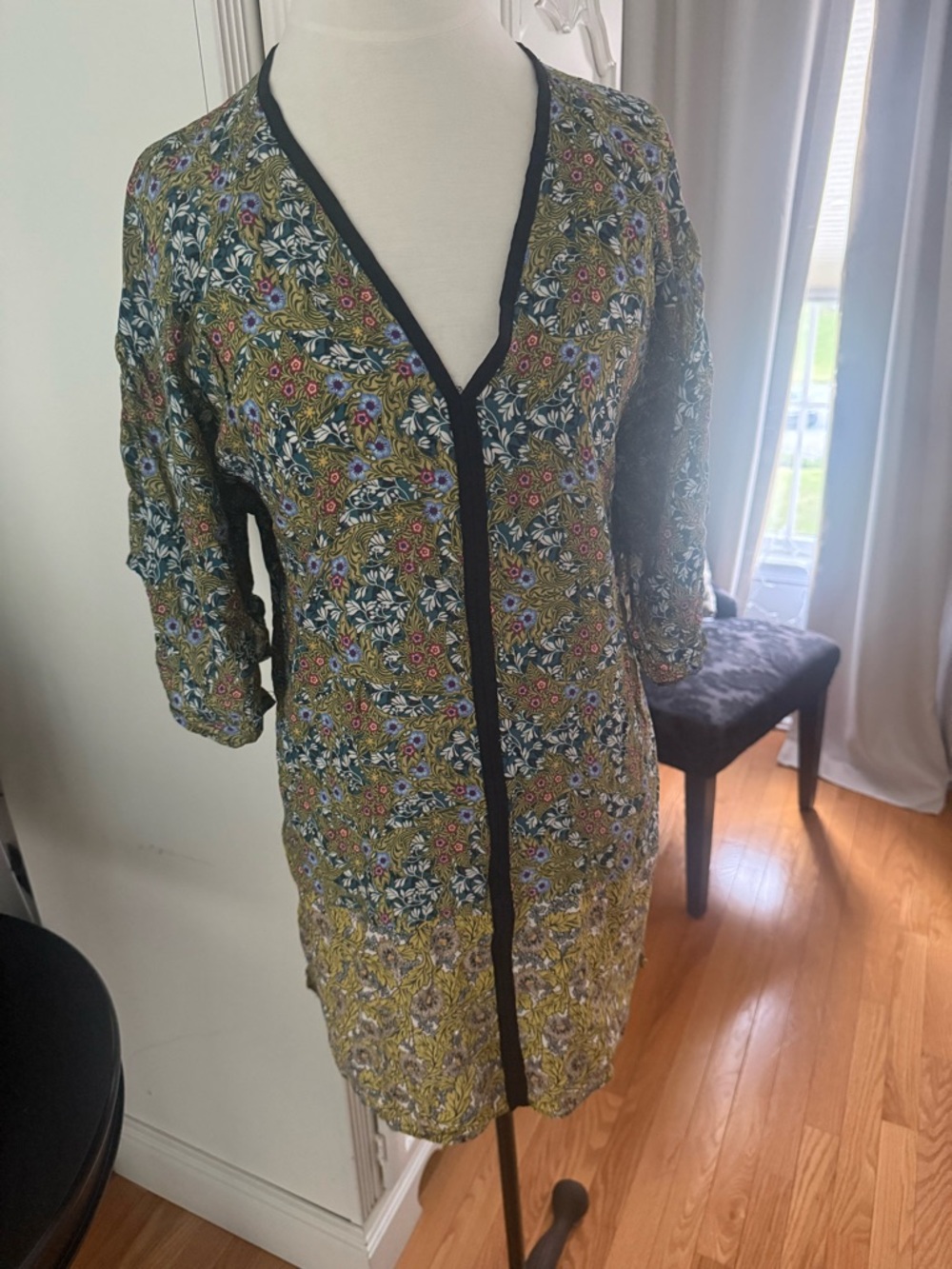Zara Olive Green Floral Tunic with Black Trim L
